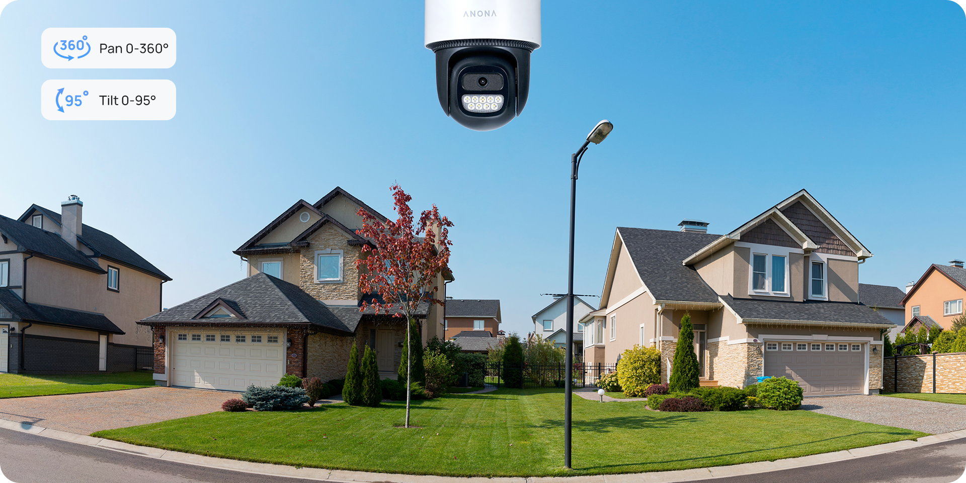Anona Orbis PTZ Outdoor Security Camera remotely 360° pan, 95° tilt and to monitor wider outdoor areas with fewer blind spots.