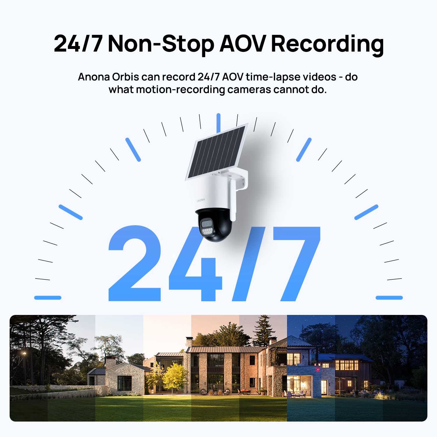 Anona Orbis solar-powered secuirty camera supports 24/7 recording, capturing activity throughout the day beyond standard motion-triggered events.