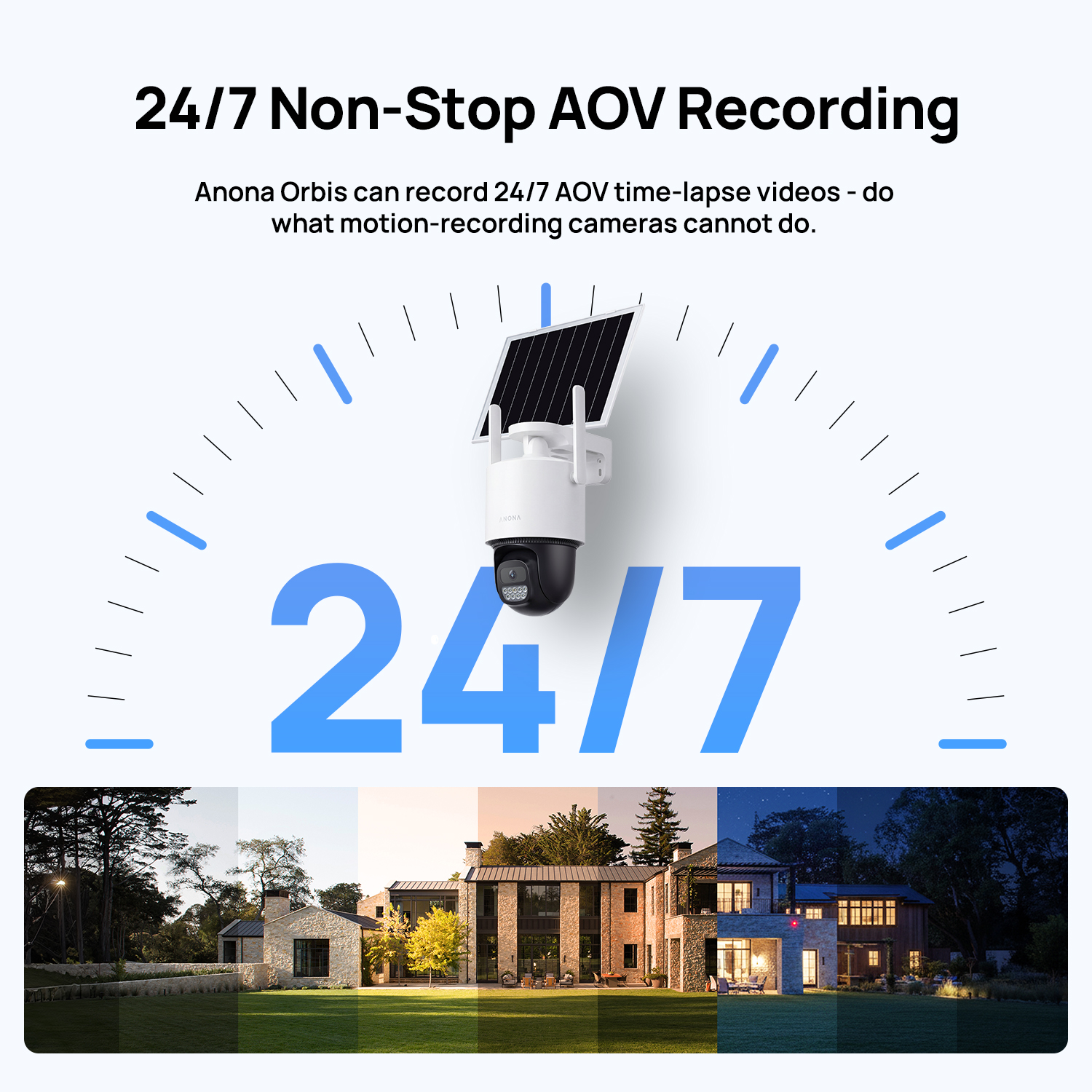 Anona Orbis solar-powered secuirty camera supports 24/7 recording, capturing activity throughout the day beyond standard motion-triggered events.