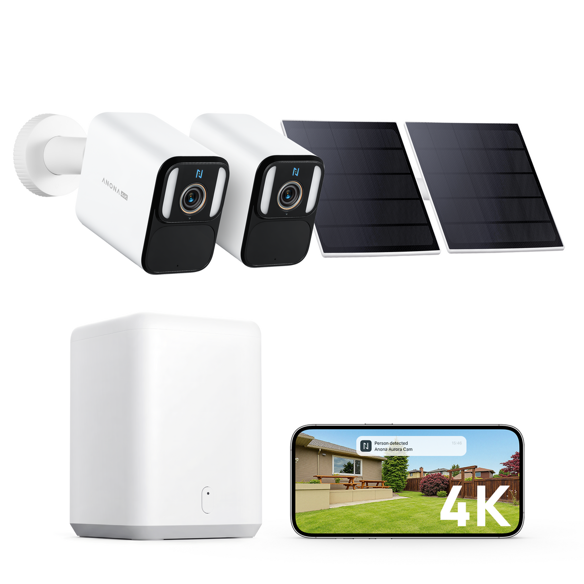 4K 2-camera solar home security system with Anona Aurora & SmartBase local storage and wireless outdoor monitoring
