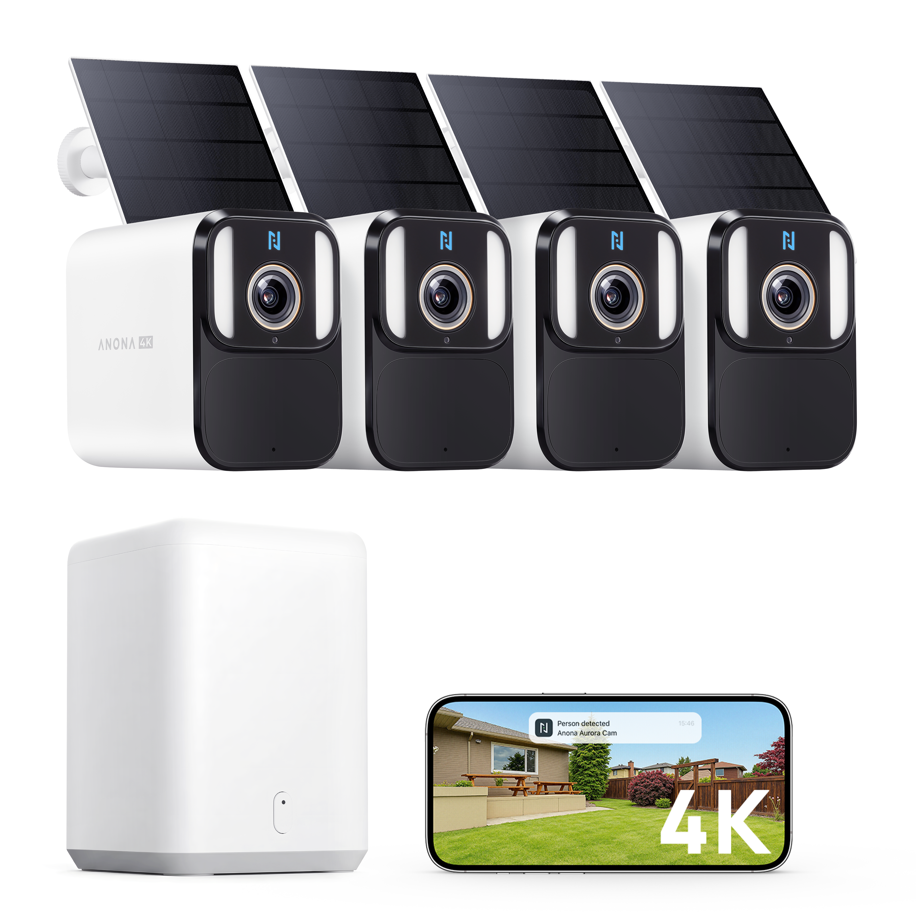 Anona Aurora + SmartBase Kit | 4K UHD 24/7 AOV Solar Outdoor AI-powered Camera Security System