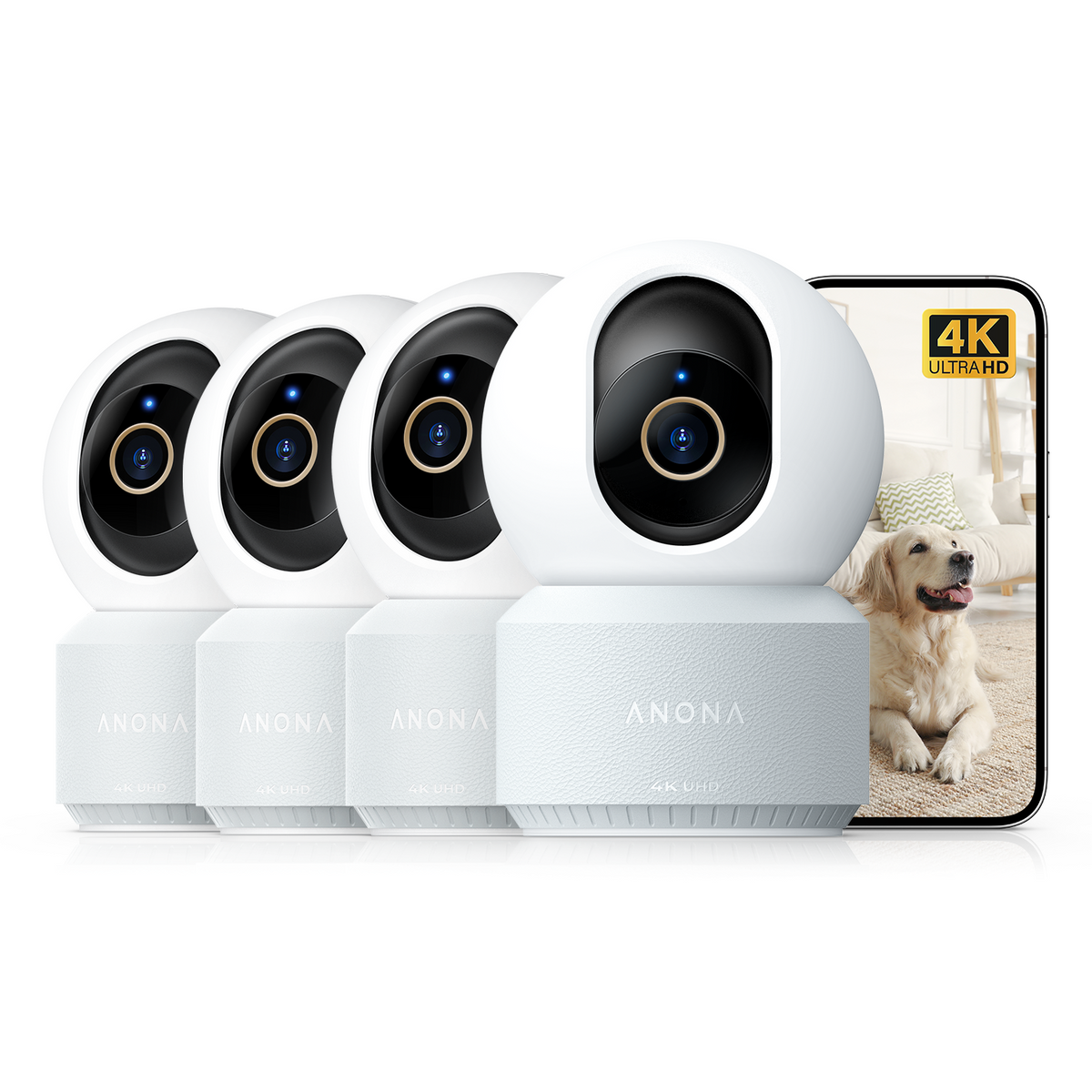 Anona Pano four 4K Dual-Band Wi-Fi 6 indoor security cameras for home and pet monitoring with smartphone live view and two-way audio.