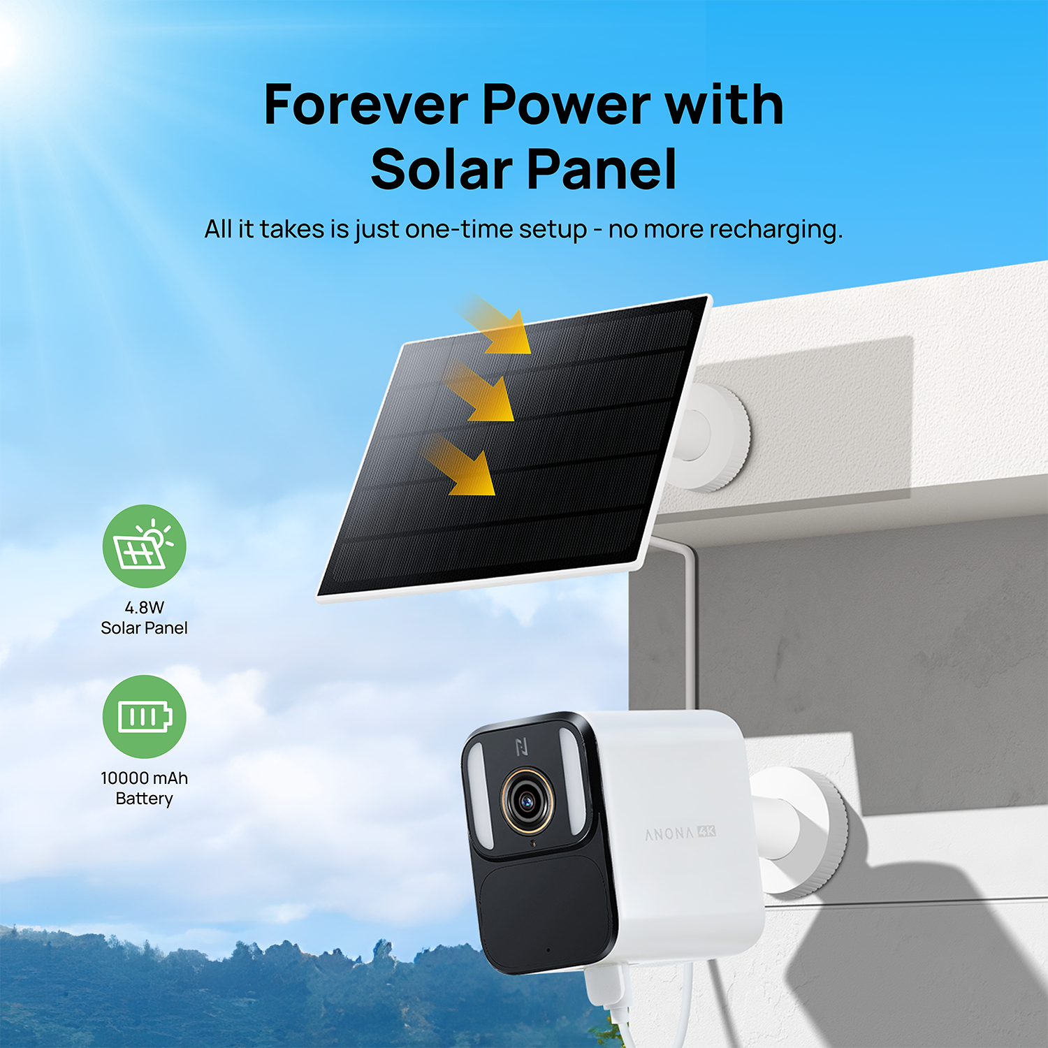 Anona Aurora + SmartBase Kit | 4K UHD 24/7 AOV Solar Outdoor AI-powered Camera Security System
