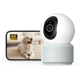 Anona Pano 4K Dual-Band Wi-Fi 6 indoor security camera for home and pet monitoring with smartphone live view and two-way audio.